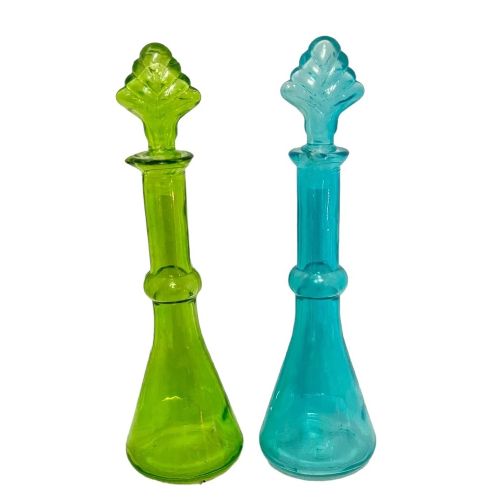 Glass Oil Jars With Toppers & Pour Spout Blue & Green